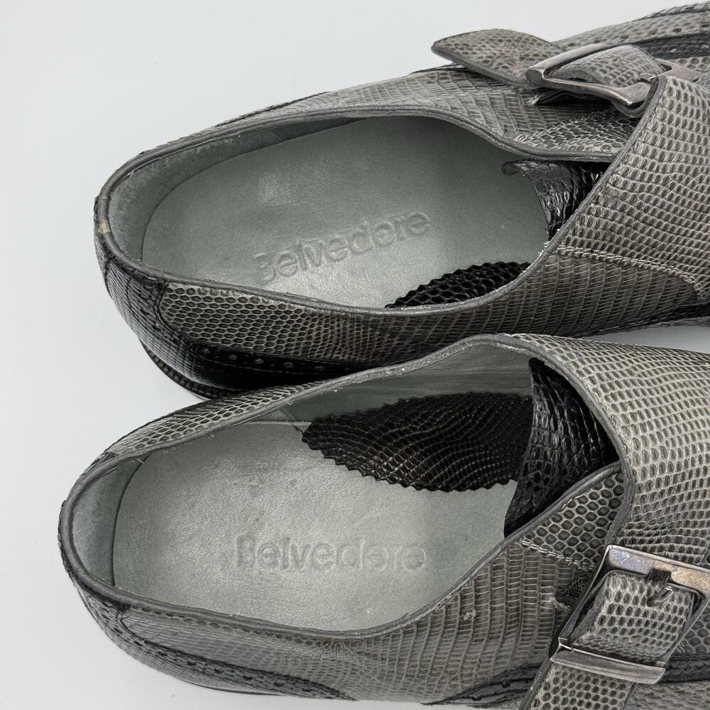 Belvedere 11.5 Lizard Skin Monk Strap Dress Shoes Gray Black Square Toe - Picture 12 of 13